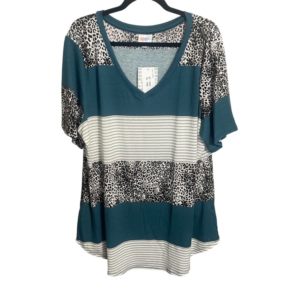 LuLaRoe Teal, Black & White Striped Leopard V-Neck Top